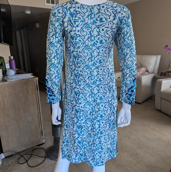 Elegant Blue Patterned Dress - Picture 7 of 10